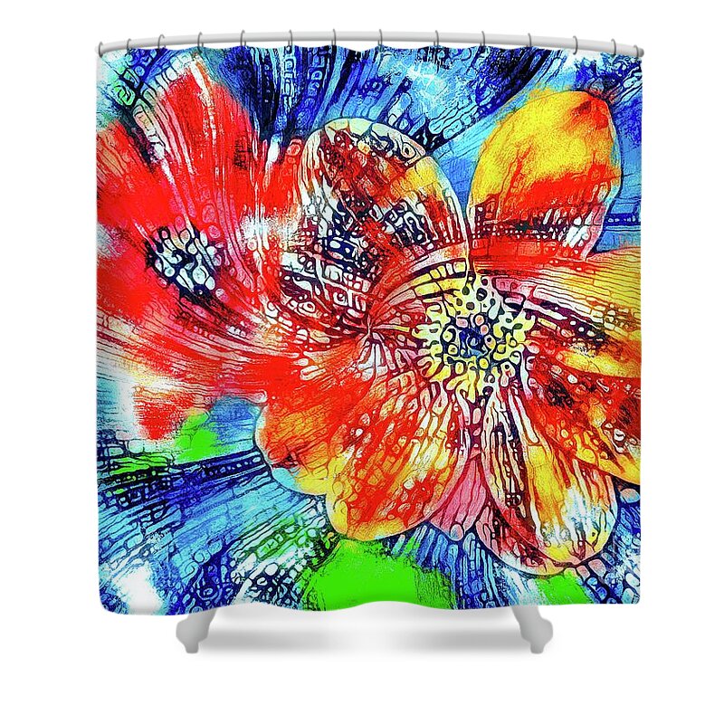 Floral Shower Curtain featuring the photograph Sunset Dahlia Spiral by Jack Torcello