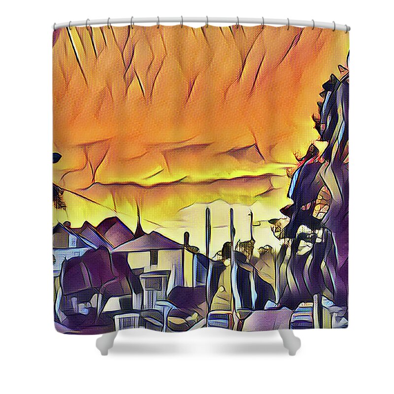 Sunset Shower Curtain featuring the mixed media Sunset Down the Block by Christopher Reed