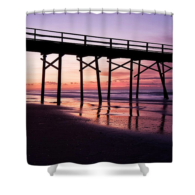 Fishing Pier At Sunset Shower Curtain featuring the photograph Sunset Fishing Pier on North Carolina Coast by Bob Decker