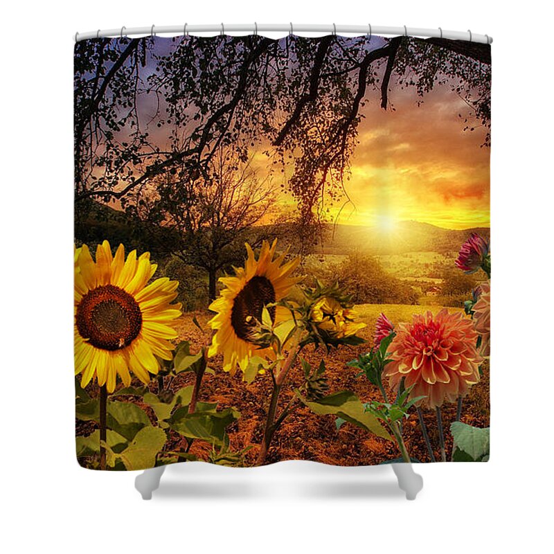 Flowers Shower Curtain featuring the mixed media Sunset Flowers by Ally White