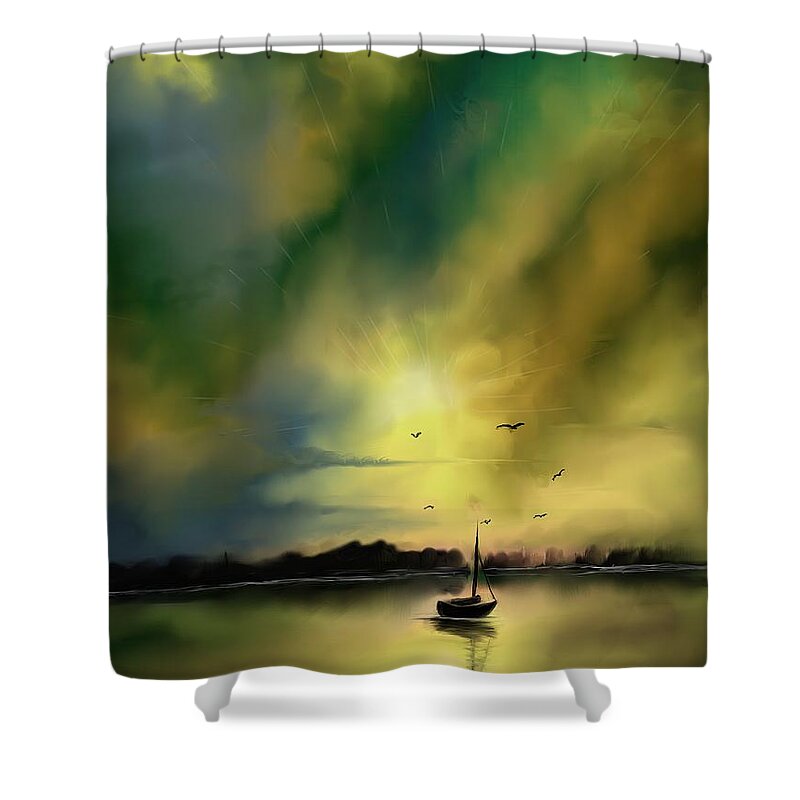 Sailboat Shower Curtain featuring the digital art Sunset green sailboat by Darren Cannell