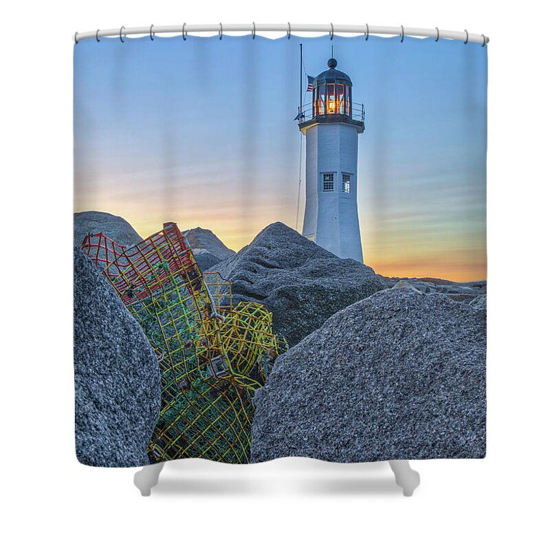 Scituate Lighthouse Shower Curtain featuring the photograph Sunset Happy at Scituate Lighthouse by Juergen Roth