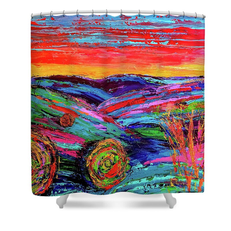 Colorful Shower Curtain featuring the painting Sunset Hay Bales by Kiki Curtis