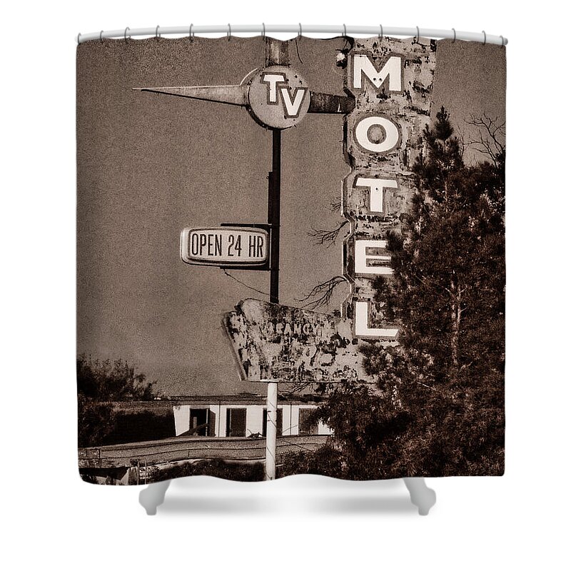 Route Shower Curtain featuring the photograph Sunset Motel Sign by Rene Vasquez