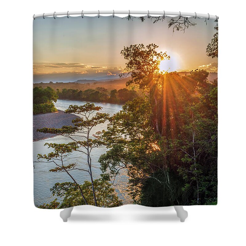 Ahuano Shower Curtain featuring the photograph Sunset Napo river by Henri Leduc