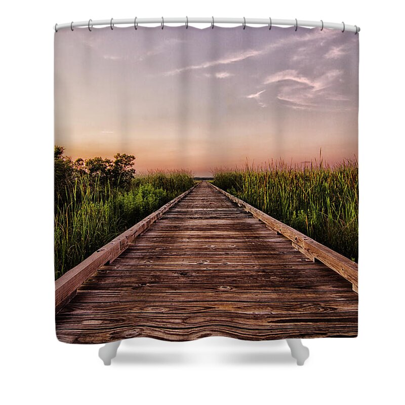 Cottages At Bay Ridge Shower Curtain featuring the photograph Sunset on a Long Dock at Bay Ridge Atlantic Beach North Carolina by Bob Decker