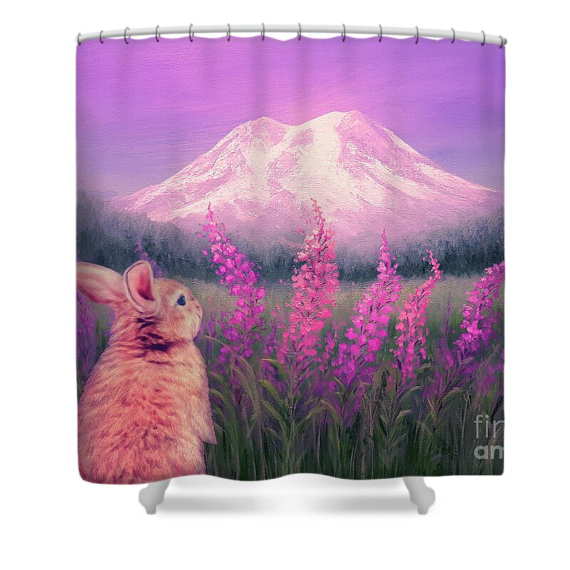 Mount Rainier Shower Curtain featuring the painting Sunset on Mount Rainier by Yoonhee Ko