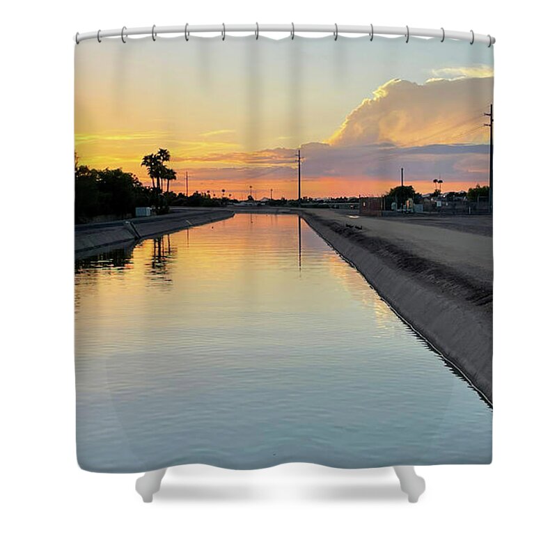 Sunset Shower Curtain featuring the photograph Sunset on the Arizona canal by Grey Coopre