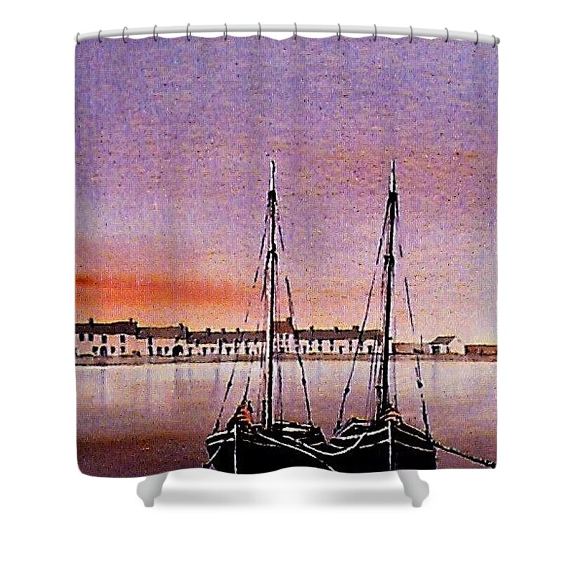 Shower Curtain featuring the painting Sunset on the cladagh Galway by Val Byrne