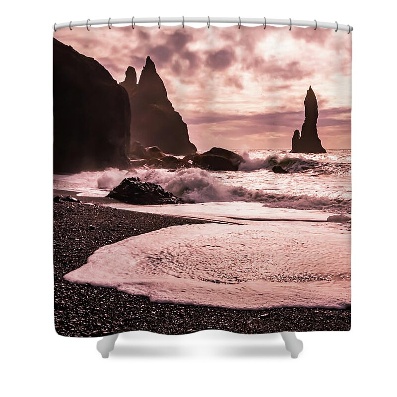 Reynisfjara Shower Curtain featuring the photograph Sunset on the Reynisfjara black sand beach, Iceland by Lyl Dil Creations