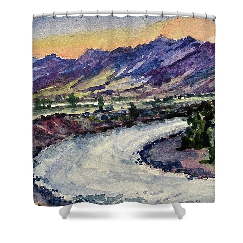 Yellowstone River Shower Curtain featuring the painting Sunset on the Yellowstone by Les Herman