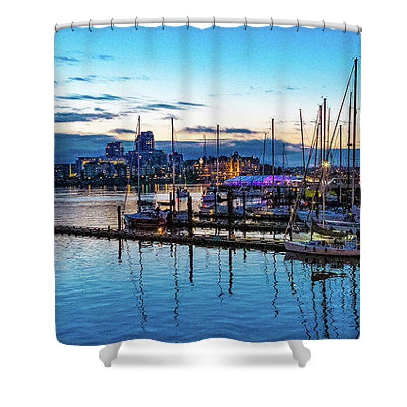 Sunset Shower Curtain featuring the digital art Sunset over a Harbor in Victoria British Columbia by SnapHappy Photos