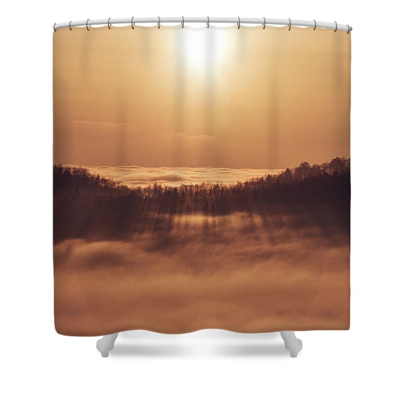 Palkovicke Hurky Shower Curtain featuring the photograph Sunset over a sea of clouds by Vaclav Sonnek
