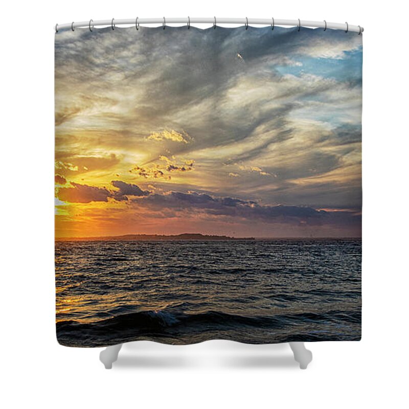 Sunset Shower Curtain featuring the photograph Sunset Over Bogue Inlet by Bob Decker