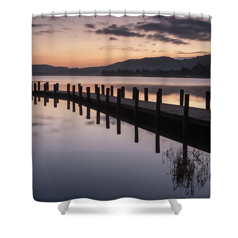 Sunset Shower Curtain featuring the photograph Sunset over Coniston Water in the Lake District by Sarah Howard