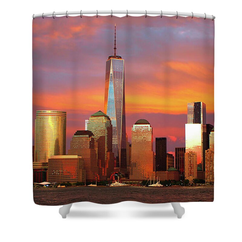 Photographs Shower Curtain featuring the photograph Sunset over Downtown Manhattan by Habib Ayat