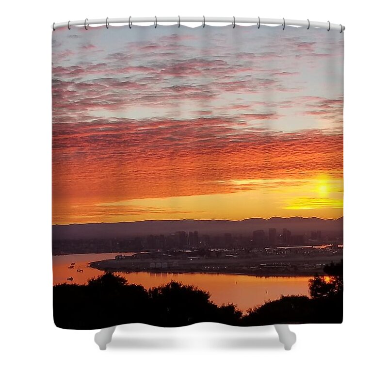 Sunset Water Bay Trees Yellow Orange Grey Clouds Island Shower Curtain featuring the digital art Sunset over Mission Bay by Kathleen Boyles