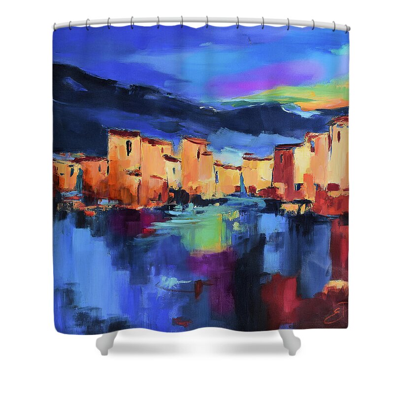 Cinque Terre Shower Curtain featuring the painting Sunset Over the Village by Elise Palmigiani