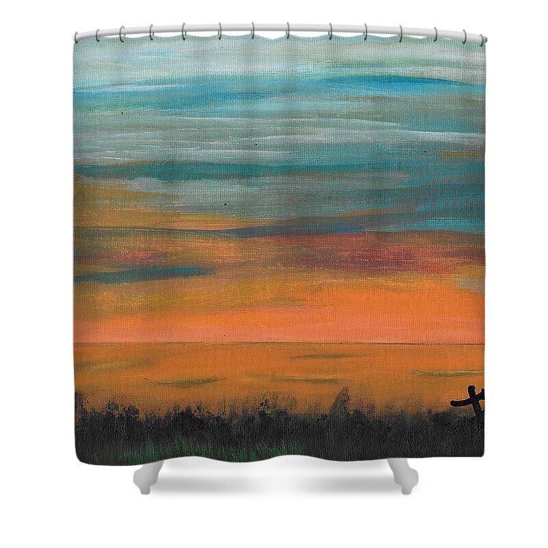 Sun Shower Curtain featuring the painting Sunset Overseas by Esoteric Gardens KN