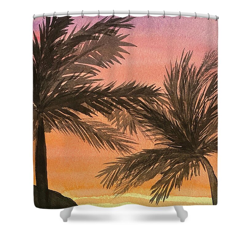 Sunset Shower Curtain featuring the painting Sunset Palm Trees by Lisa Neuman