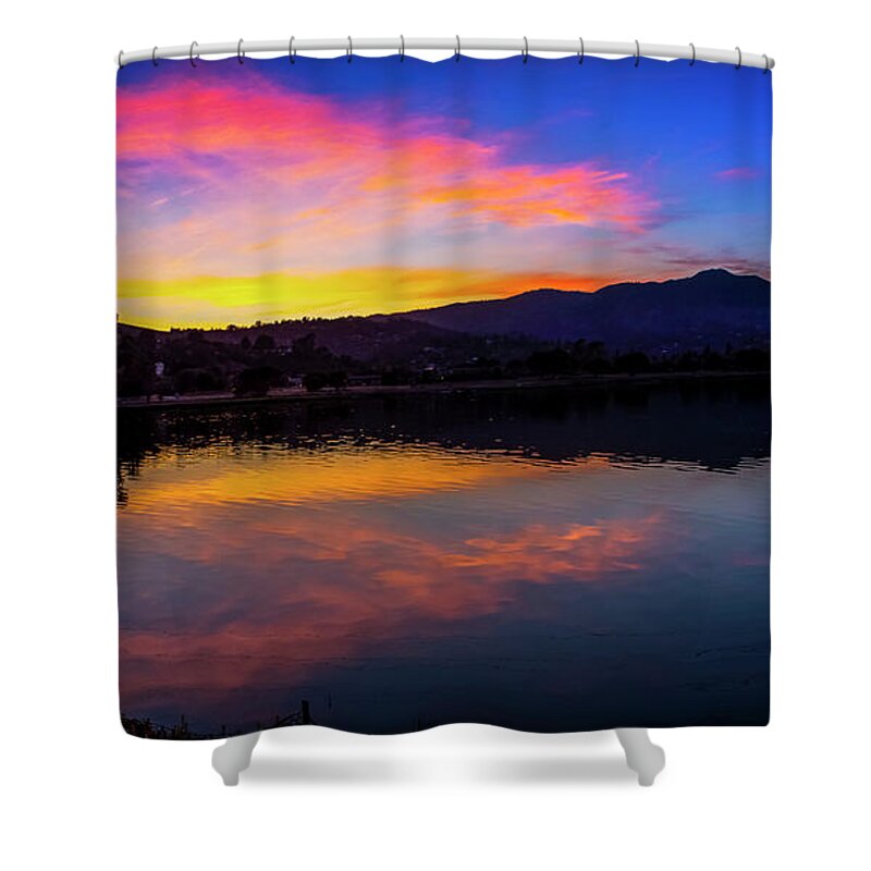 Sunset Shower Curtain featuring the photograph Sunset Panorama of Mt. Tam and Richardson Bay by Brian Tada