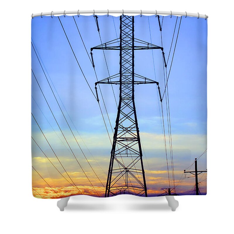 Electric Shower Curtain featuring the photograph Sunset Power Lines by Olivier Le Queinec