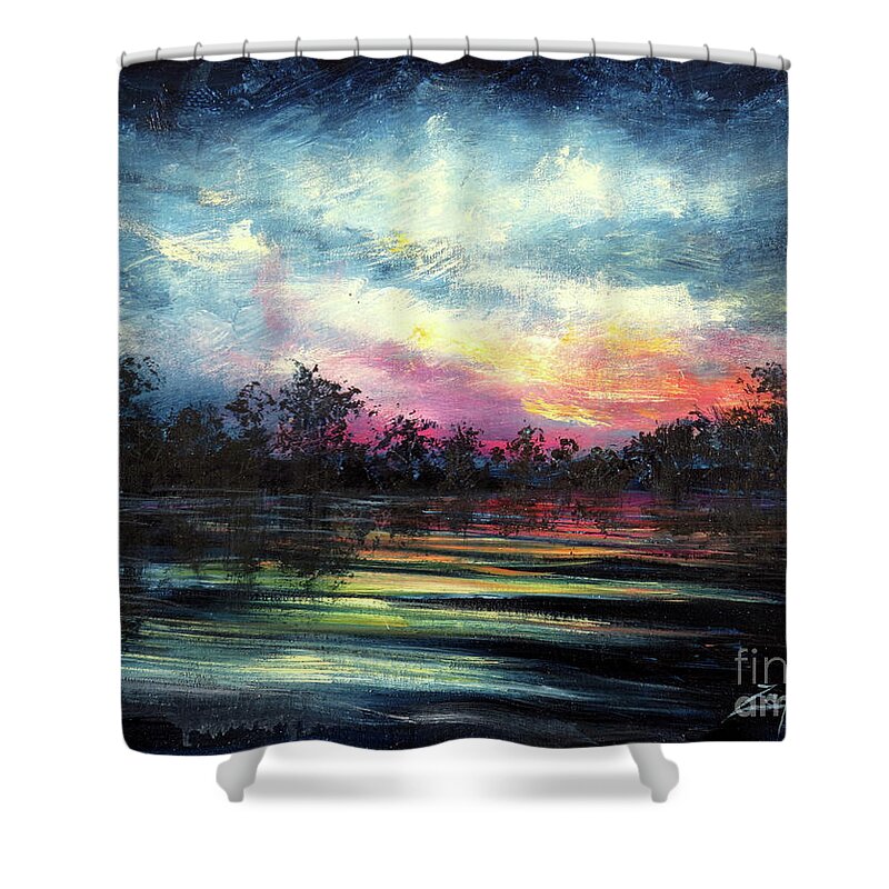 Sunset Shower Curtain featuring the painting Sunset Reflection by Zan Savage