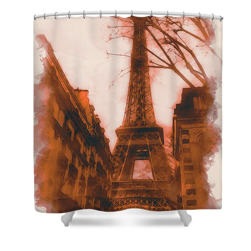 Paris Shower Curtain featuring the painting Sunset under the Tour Eiffel - 03 by AM FineArtPrints