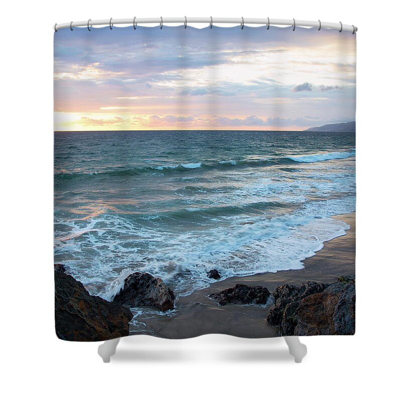Beach Shower Curtain featuring the photograph Sunset View with Mountains in the Distance by Matthew DeGrushe