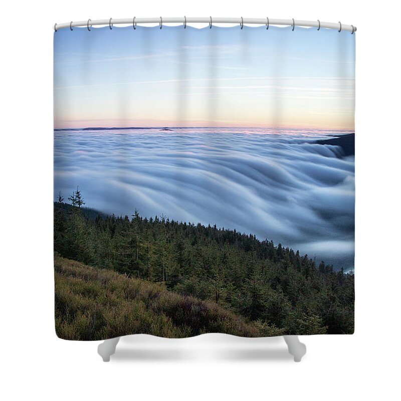 Courage Shower Curtain featuring the photograph Sunset with floating blue waves of clouds by Vaclav Sonnek