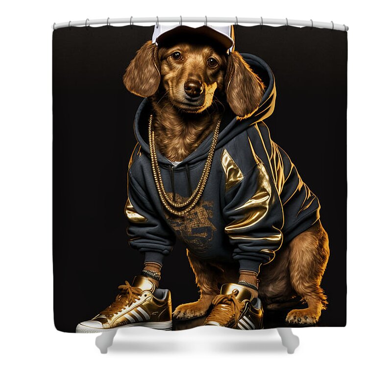 'sup Dawgg Dachshund Shower Curtain featuring the mixed media 'Sup Dawgg Dachshund by Jay Schankman