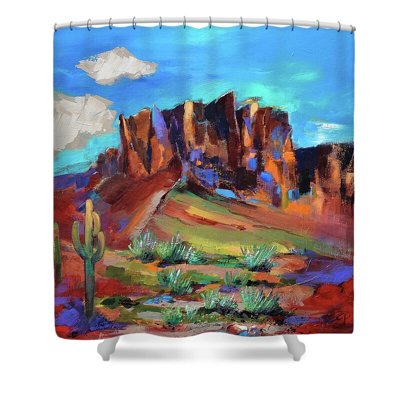Superstition Mountains Shower Curtain featuring the painting Superstition Mountains - Arizona by Elise Palmigiani