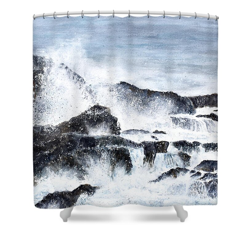 Ocean Shower Curtain featuring the painting Surf on a Rocky Coast by Wendy Keeney-Kennicutt