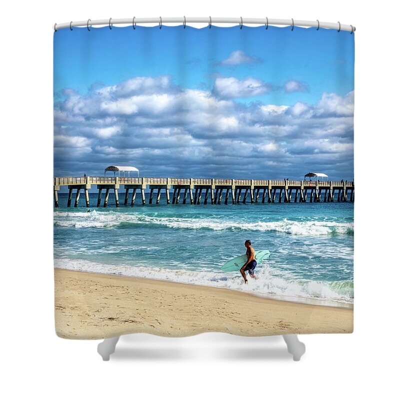 Clouds Shower Curtain featuring the photograph Surfer in the Sun by Debra and Dave Vanderlaan