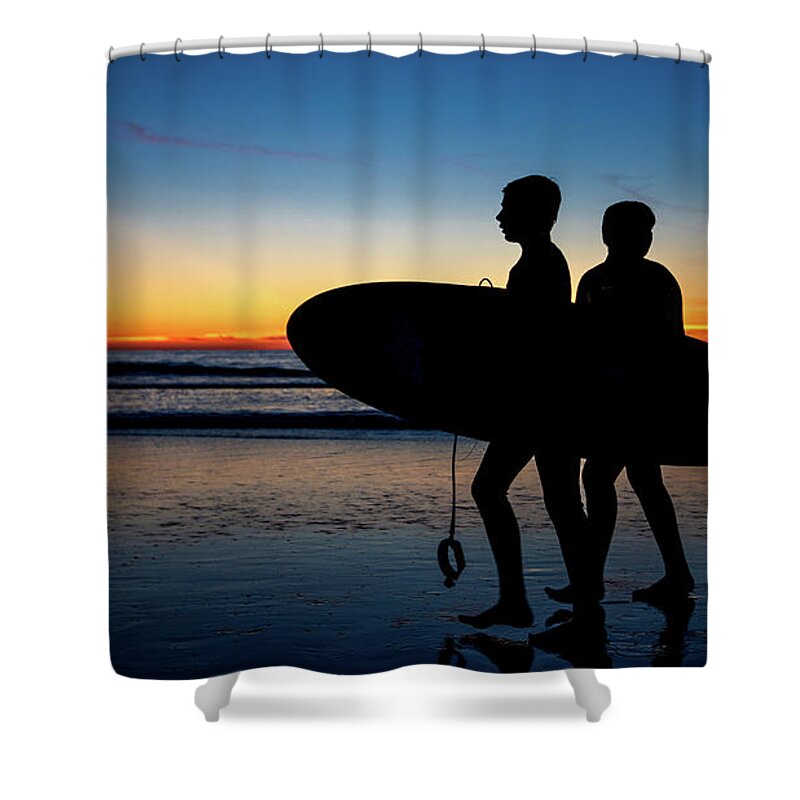 Athlete Shower Curtain featuring the photograph Surfers' Silhouette by David Levin