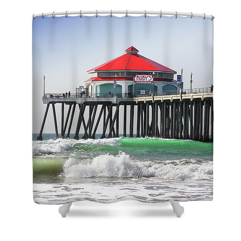 Surfing At Ruby�s Cafe On The Huntington Beach California City Pier Ocean Surfing Fine Art Photography Print Shower Curtain featuring the photograph Surfing At Rubys Cafe by Jerry Cowart