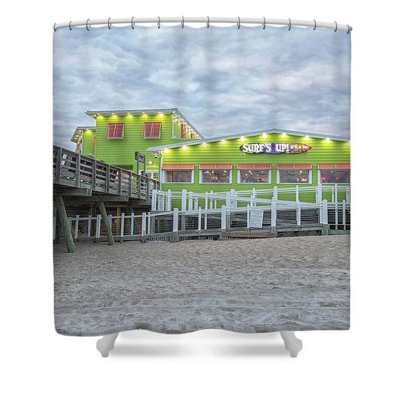 Surfs Up Shower Curtain featuring the photograph Surfs Up at Bogue Inlet Pier by Bob Decker