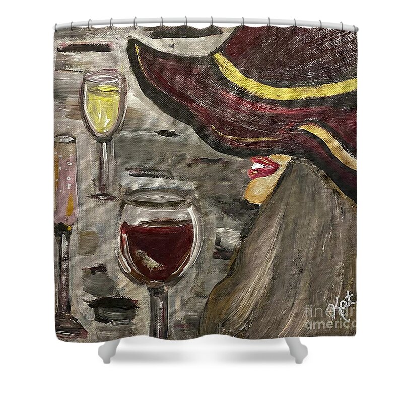 Wine Smile Surprise Hat Woman Shower Curtain featuring the painting Surprise Me by Kathy Bee
