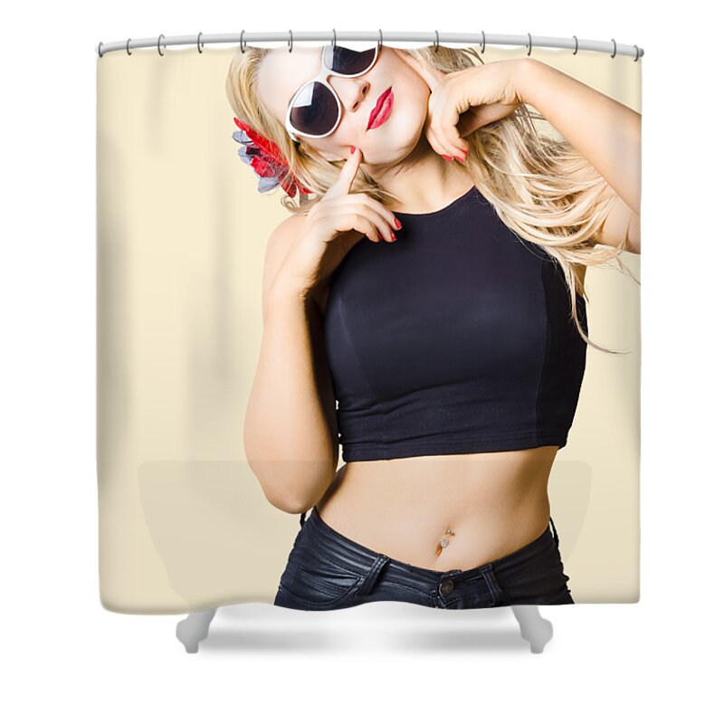 Girl Shower Curtain featuring the photograph Surprised pinup woman isolated on studio backgrond by Jorgo Photography