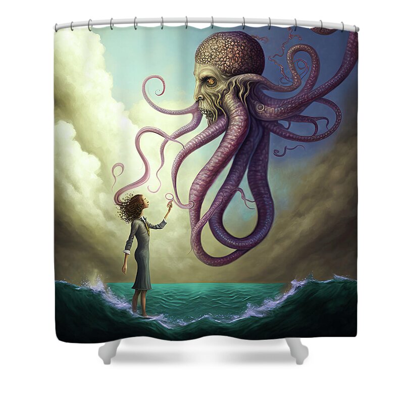 Octopus Shower Curtain featuring the digital art Surreal Art 12 Octopus Human Contact by Matthias Hauser