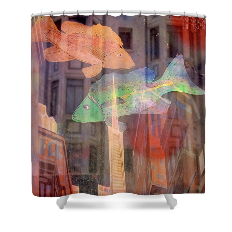 Cities Shower Curtain featuring the photograph surreal urban city scape - Sea Level Rising by Sharon Hudson