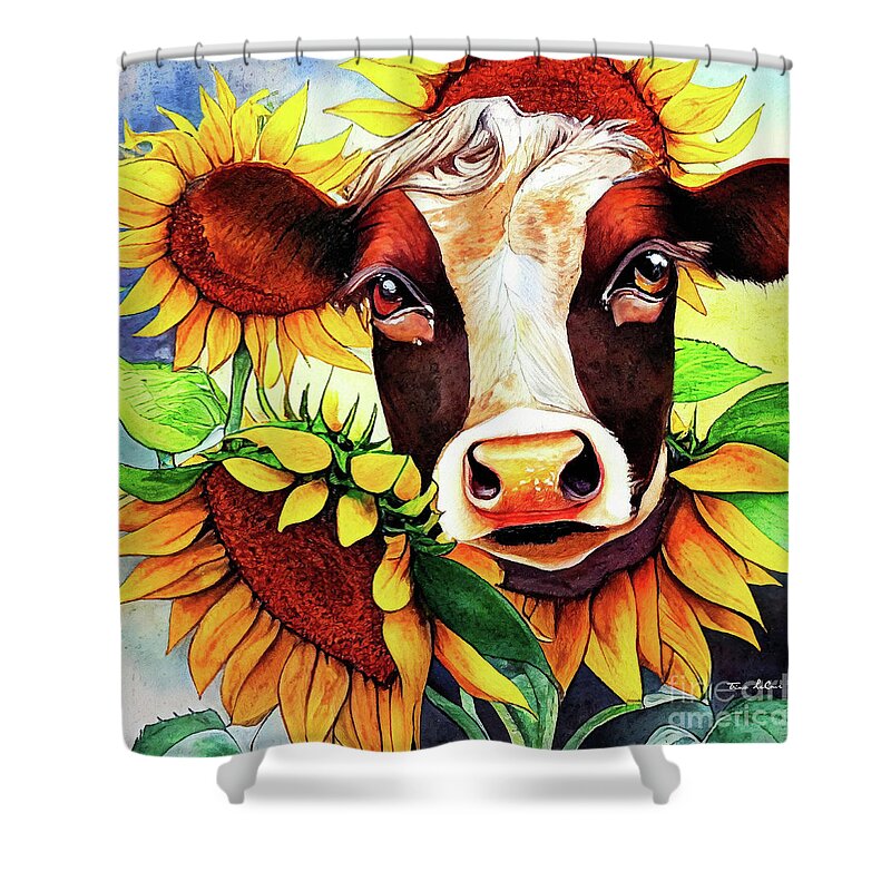 Brown Cow Shower Curtain featuring the painting Surrounded By Sunflowers by Tina LeCour