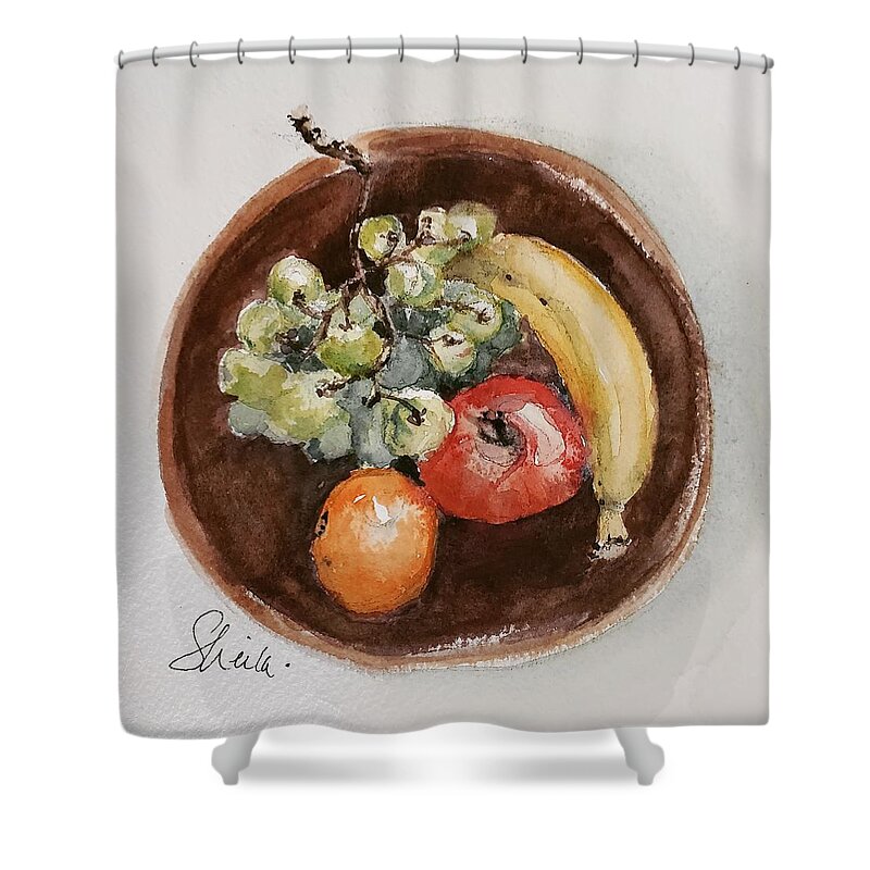 Still Life Shower Curtain featuring the painting Sustenance in a Wooden Bowl by Sheila Romard
