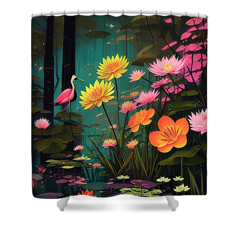 Magical Nature Shower Curtain featuring the digital art Swamp Magic Flowers Birds Black Water Lily Pads by Ginette Callaway