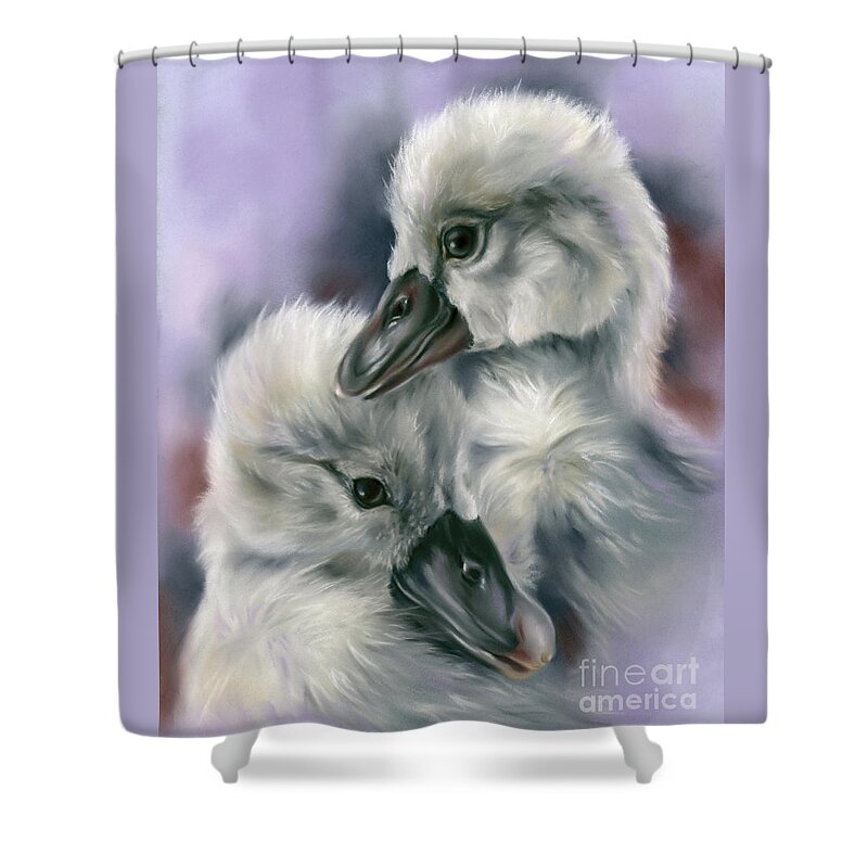 Bird Shower Curtain featuring the painting Sweet Cygnet Pair on Purple by MM Anderson