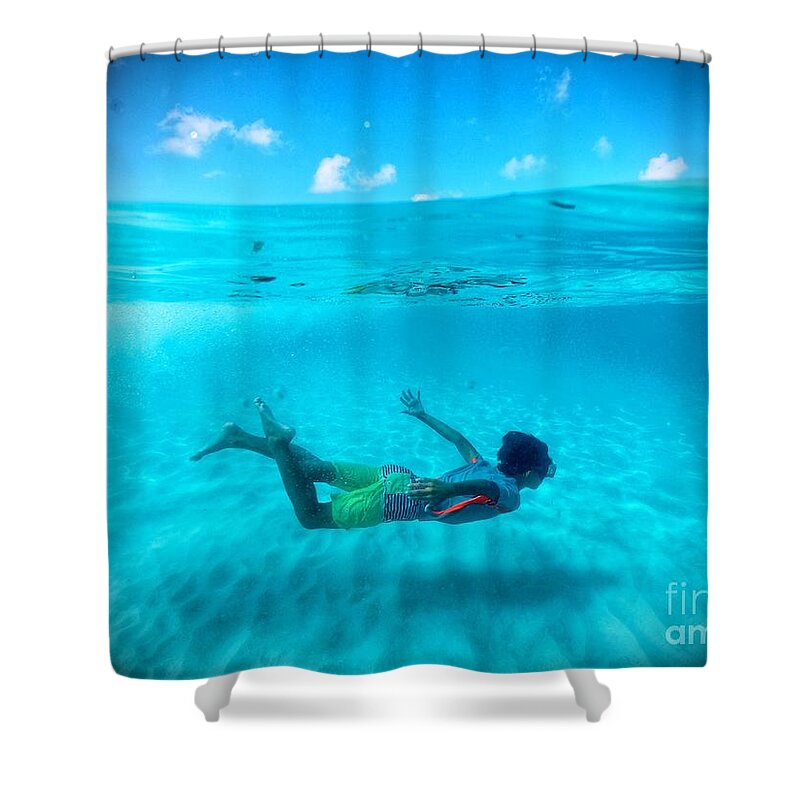 Grand Anse Beach Shower Curtain featuring the photograph Swimming Free by Laura Forde