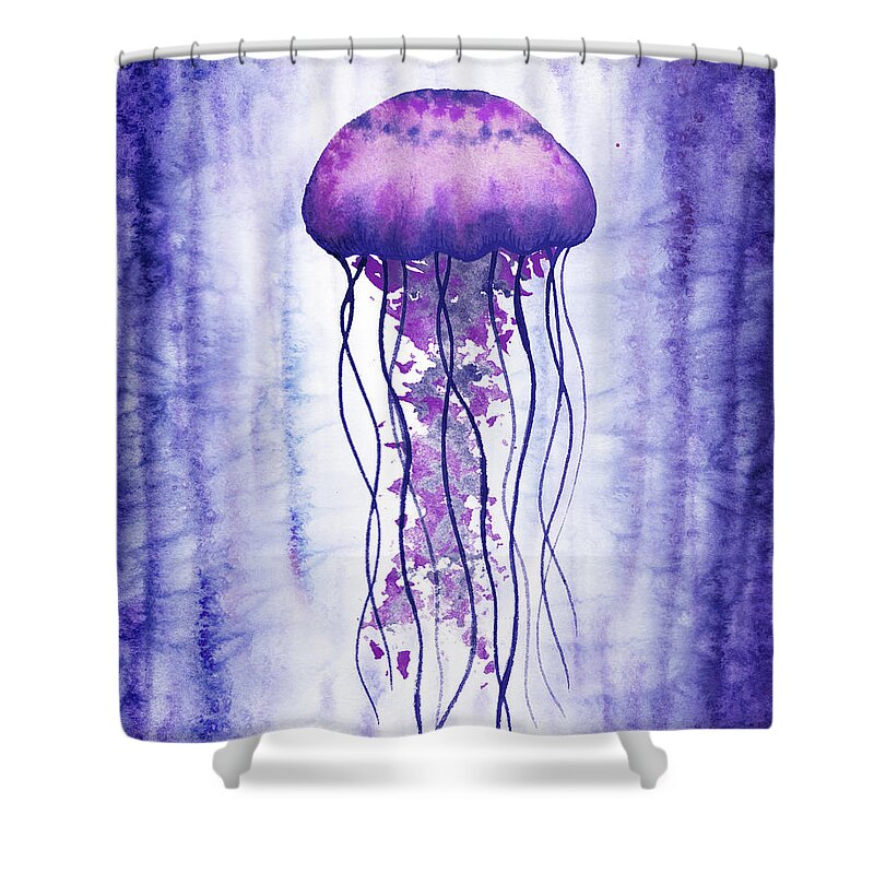 Purple Shower Curtain featuring the painting Swimming In Purple Ocean Jellyfish Watercolor by Irina Sztukowski