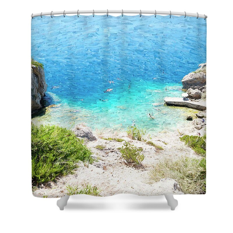 Santorini Shower Curtain featuring the photograph Swimming in the Cove by Xine Segalas