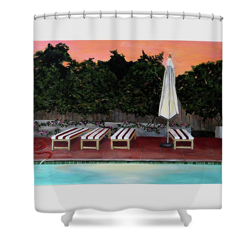 Dusk Shower Curtain featuring the painting Swimming Pool at Twilight Painting by Linda Queally by Linda Queally