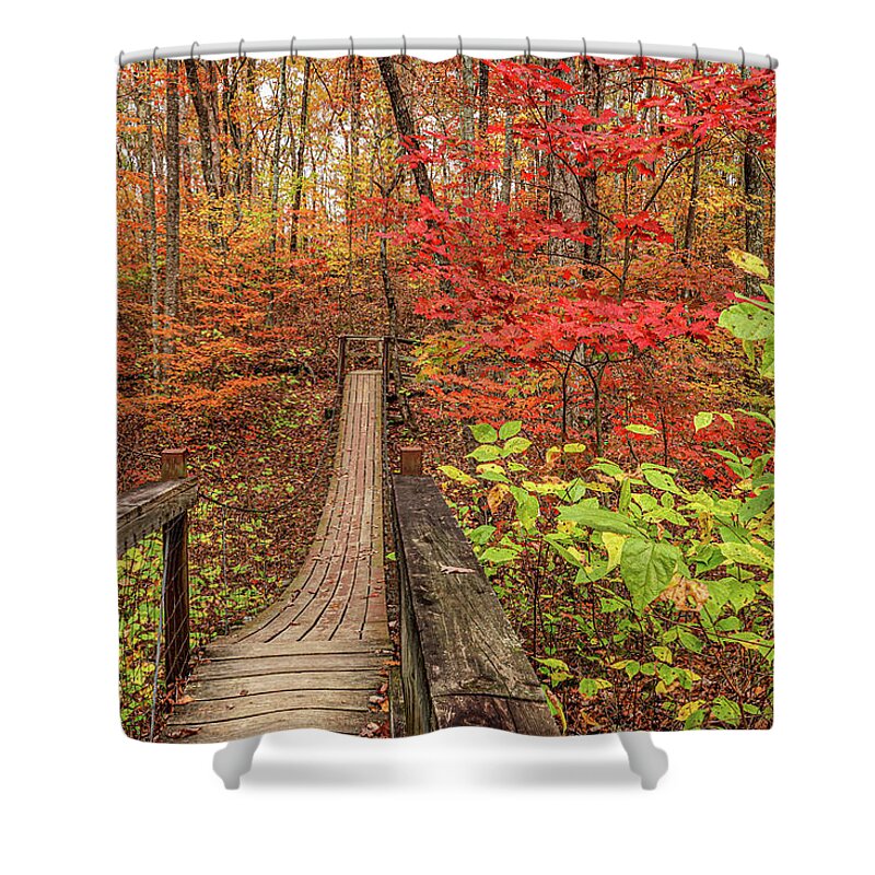 Cory Shower Curtain featuring the photograph Swinging Bridge in Autumn by Tom and Pat Cory